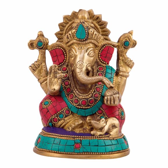 Brass Ganesh Bhagwan Idol Ganesha Statue Ganpati Murti for Home Entrance Office Decor Gift Decorated with Multicolored Stone Height 5.5 Inch