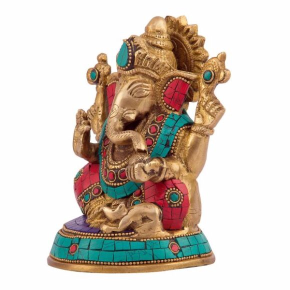 Brass Ganesh Bhagwan Idol Ganesha Statue Ganpati Murti for Home Entrance Office Decor Gift Decorated with Multicolored Stone Height 5.5 Inch - Image 2