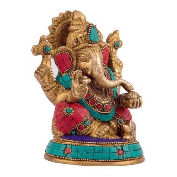 Brass Ganesh Bhagwan Idol Ganesha Statue Ganpati Murti for Home Entrance Office Decor Gift Decorated with Multicolored Stone Height 5.5 Inch - Image 3