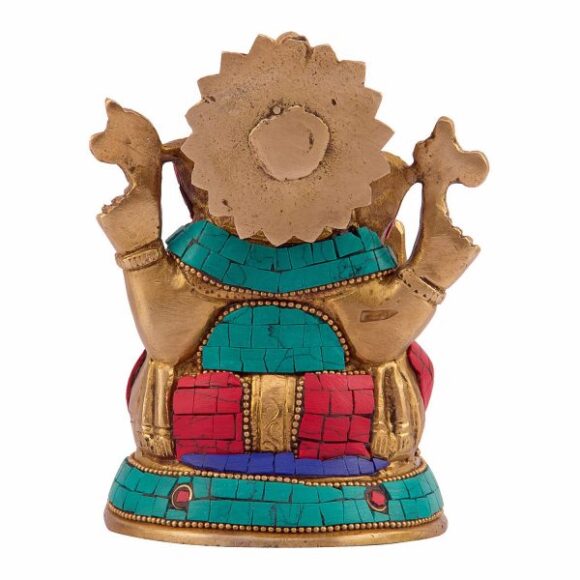 Brass Ganesh Bhagwan Idol Ganesha Statue Ganpati Murti for Home Entrance Office Decor Gift Decorated with Multicolored Stone Height 5.5 Inch - Image 4