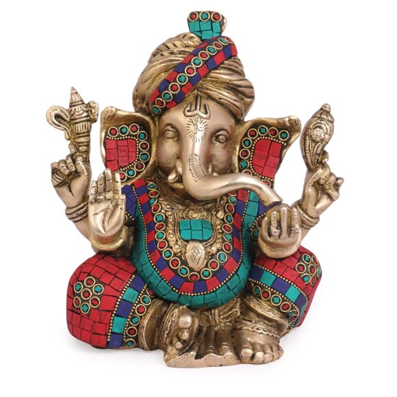 Brass Multicolored Murti of Lord Ganesh Bhagwan in Turban Pagadi Trunk Left Side Ganpati Idol Showpiece Home Office Décor Entrance Statue