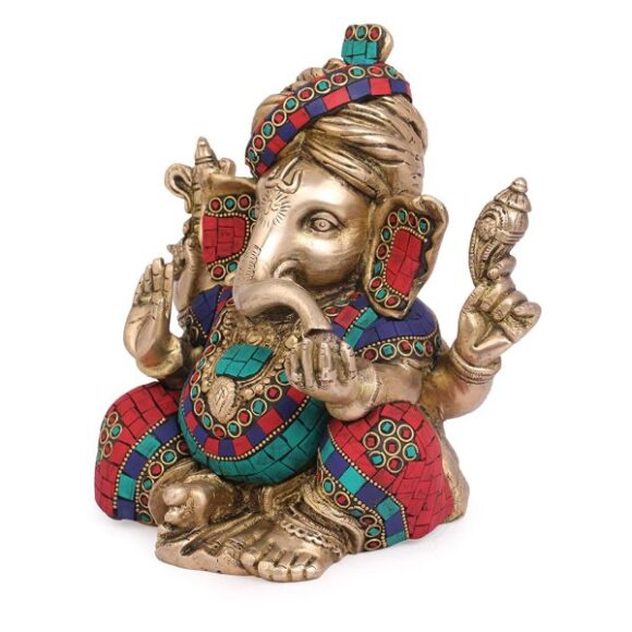 Brass Multicolored Murti of Lord Ganesh Bhagwan in Turban Pagadi Trunk Left Side Ganpati Idol Showpiece Home Office Décor Entrance Statue - Image 2