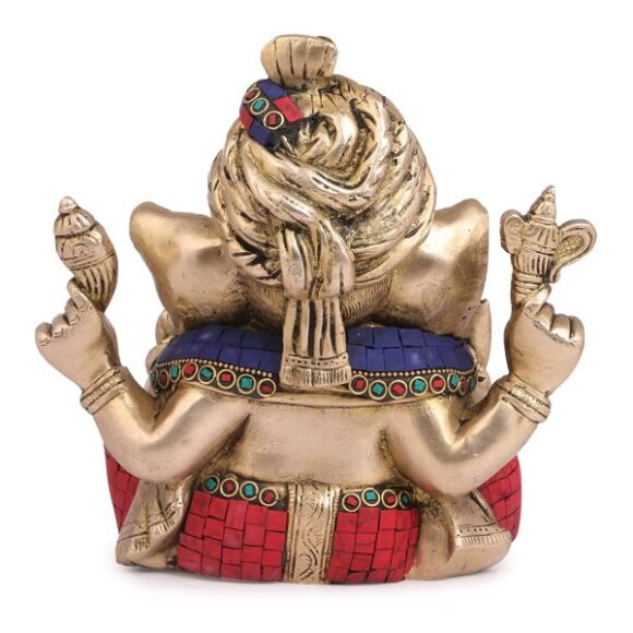 Brass Multicolored Murti of Lord Ganesh Bhagwan in Turban Pagadi Trunk Left Side Ganpati Idol Showpiece Home Office Décor Entrance Statue - Image 3