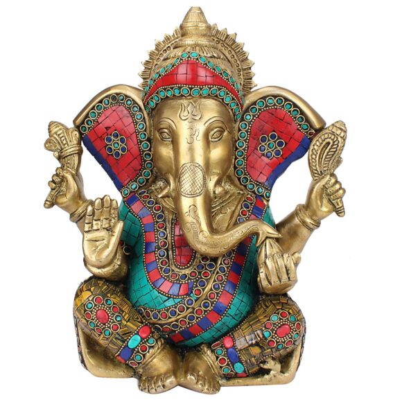 Brass Tall Lord Ganesh Bhagwan Ganpati Idol Big Ear Ganesha Statue Elephant God Head Turquoise Decoration Murti for Home Décor 11 Inches
