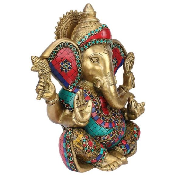 Brass Tall Lord Ganesh Bhagwan Ganpati Idol Big Ear Ganesha Statue Elephant God Head Turquoise Decoration Murti for Home Décor 11 Inches - Image 2
