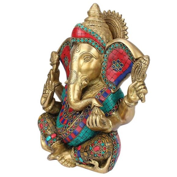 Brass Tall Lord Ganesh Bhagwan Ganpati Idol Big Ear Ganesha Statue Elephant God Head Turquoise Decoration Murti for Home Décor 11 Inches - Image 3
