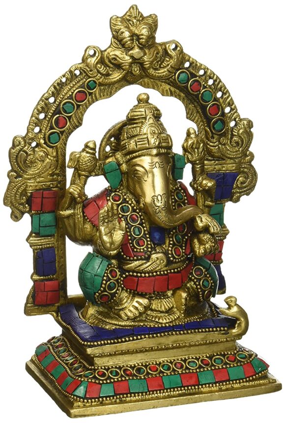 Brass Ganesh Bhagwan Idol Sitting posturel Ganesha Statue Ganpati Murti for Home Entrance Décor Diwali Gift Decorated with Multicolored Stone