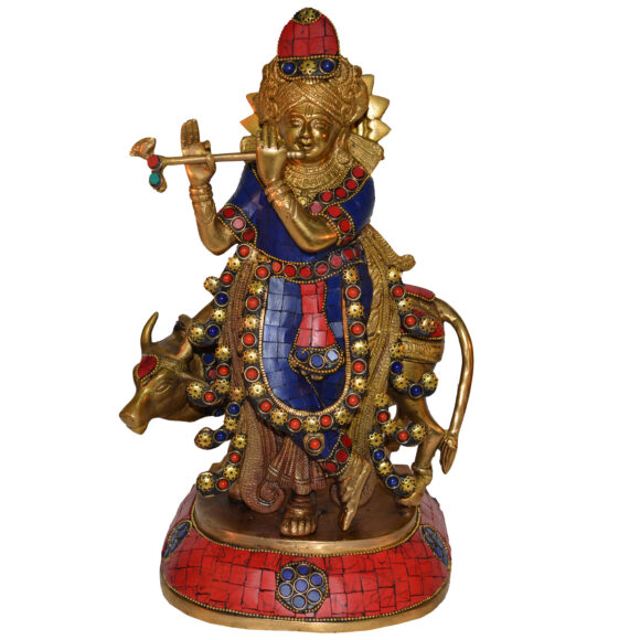 Lord Krishna with a Cow and His Flute in turquoise work – Brass Sculpture