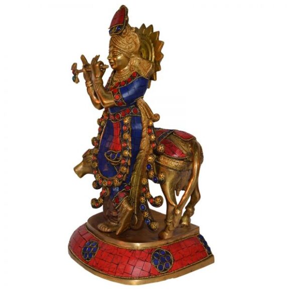 Lord Krishna with a Cow and His Flute in turquoise work – Brass Sculpture - Image 2