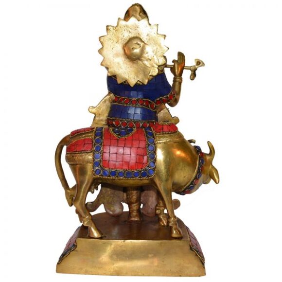 Lord Krishna with a Cow and His Flute in turquoise work – Brass Sculpture - Image 3
