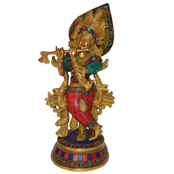 Krishna Statue Made in Brass Metal with turquoise stone finish