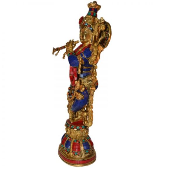 Large Flute Krishna Statue Hindu God Religious Figurine Idol Turquoise Handwork - Image 2
