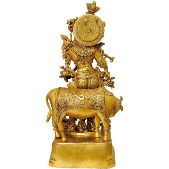 Lord Krishna with Cow decortive Brass Made statue - Image 2