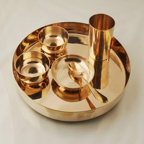 Copper Kansya Utensil| 6 Piece Dinner Thali Set|1 Dinner Plate 2 Bowl 1 Rice Plate 1 Glass & 1 Spoon|Home, Hotel Restaurant