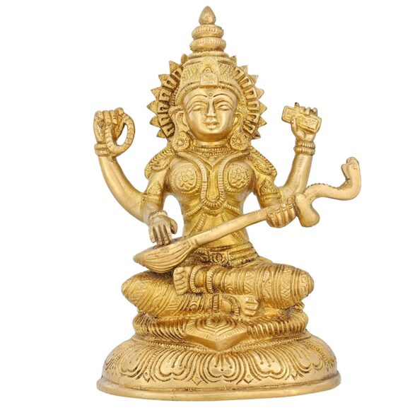 Brass Statue Goddess Saraswati Idol for Puja Mandir Hindu 7.75 Inch