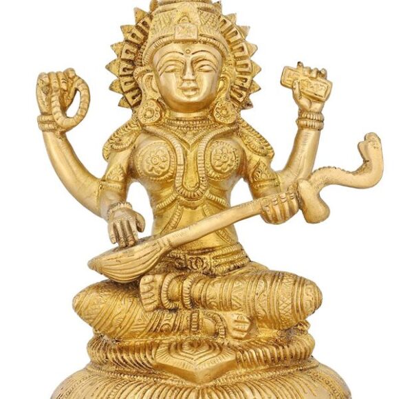 Brass Statue Goddess Saraswati Idol for Puja Mandir Hindu 7.75 Inch - Image 2