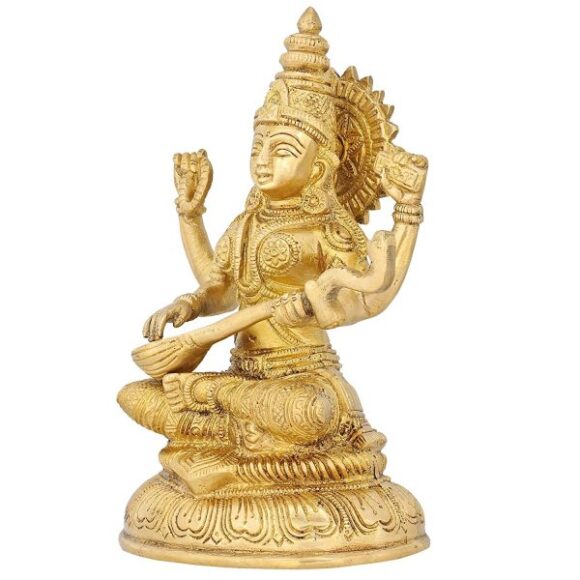 Brass Statue Goddess Saraswati Idol for Puja Mandir Hindu 7.75 Inch - Image 4