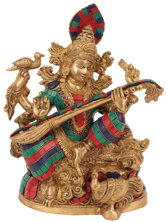 Big Gorgeous Saraswati Playing Veena Statue – Brass Metal with Gemstone Work – 10 Inches Tall