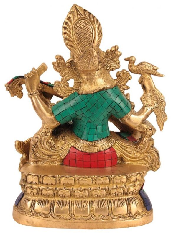 Big Gorgeous Saraswati Playing Veena Statue – Brass Metal with Gemstone Work – 10 Inches Tall - Image 2