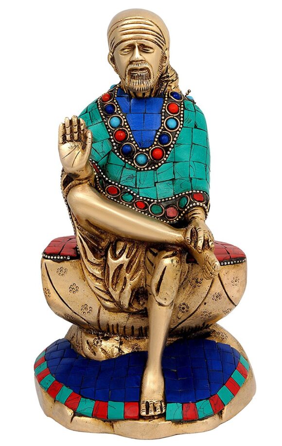 Shri Sai Baba Statue Handmade of Brass Turquoise Height – 8.5″ | Home Decor