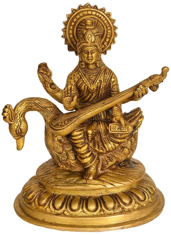 Brass Goddess Saraswati Seated On Swan, Height: 6.4″