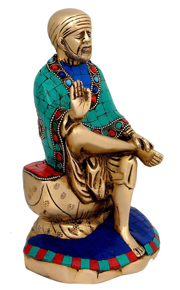 Shri Sai Baba Statue Handmade of Brass Turquoise Height – 8.5″ | Home Decor - Image 2