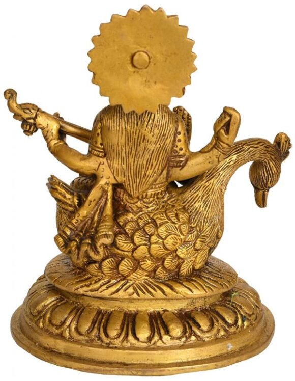 Brass Goddess Saraswati Seated On Swan, Height: 6.4″ - Image 2