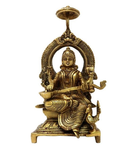 Brass Idols for Home Decor Ma Saraswati Sitting On Throne Religious Hindu Goddess Statue for Puja at Office Home Mandir