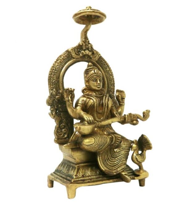 Brass Idols for Home Decor Ma Saraswati Sitting On Throne Religious Hindu Goddess Statue for Puja at Office Home Mandir - Image 2