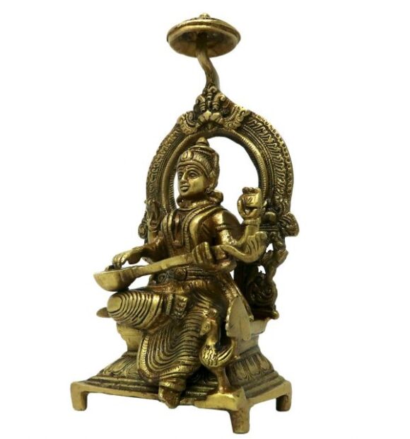 Brass Idols for Home Decor Ma Saraswati Sitting On Throne Religious Hindu Goddess Statue for Puja at Office Home Mandir - Image 3