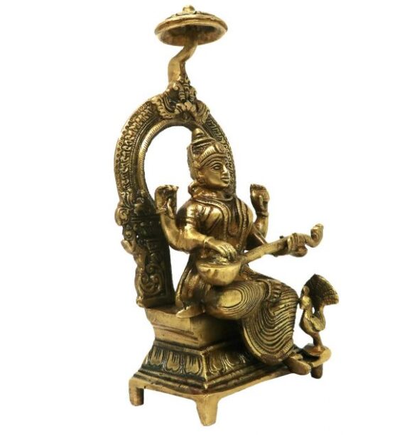 Brass Idols for Home Decor Ma Saraswati Sitting On Throne Religious Hindu Goddess Statue for Puja at Office Home Mandir - Image 4