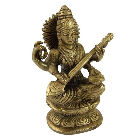 Goddess Saraswati Small Brass Statues for Decor at Home 4.25 Inch 700 Gr - Image 4