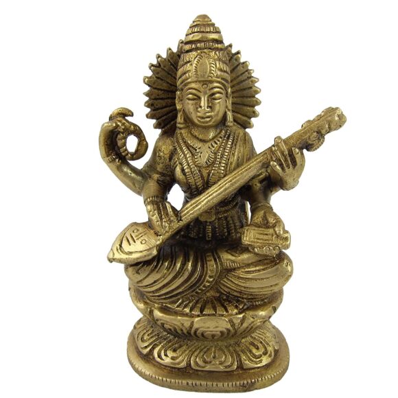 Goddess Saraswati Small Brass Statues for Decor at Home 4.25 Inch 700 Gr