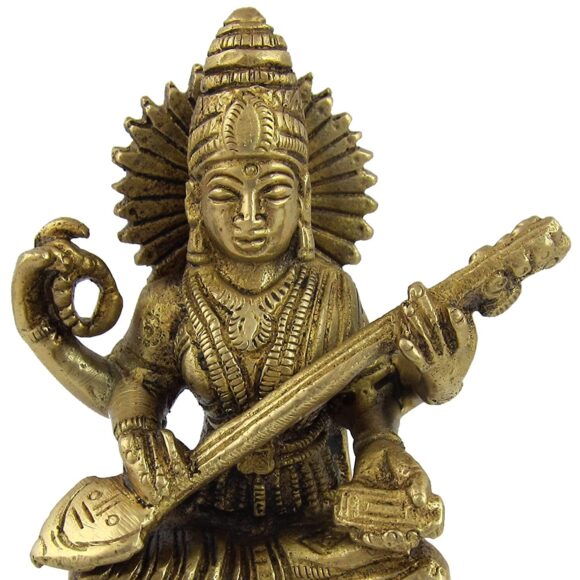 Goddess Saraswati Small Brass Statues for Decor at Home 4.25 Inch 700 Gr - Image 2