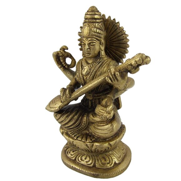 Goddess Saraswati Small Brass Statues for Decor at Home 4.25 Inch 700 Gr - Image 3