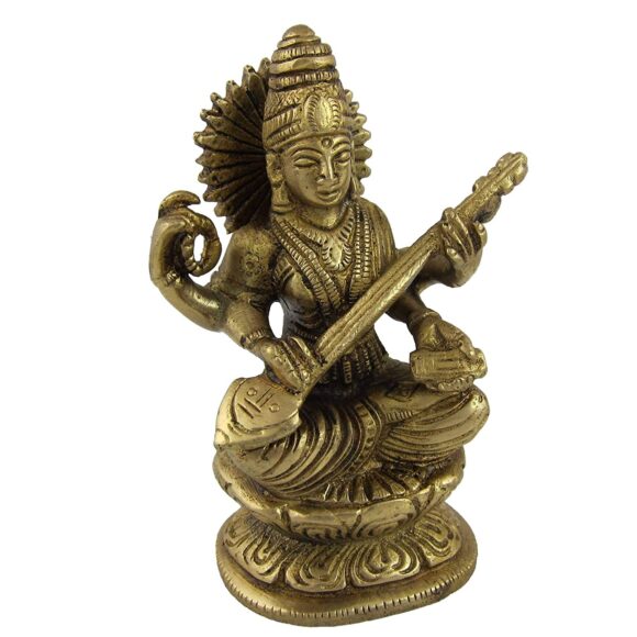 Goddess Saraswati Small Brass Statues for Decor at Home 4.25 Inch 700 Gr - Image 4