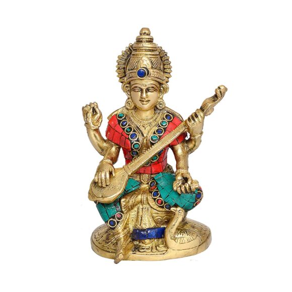 Metal Saraswati With Swan Statue, Standard, Multicolour/Devi Saraswati/Brass Devi Saraswati Sitting On Lotus Playing Veena Statue, Standard