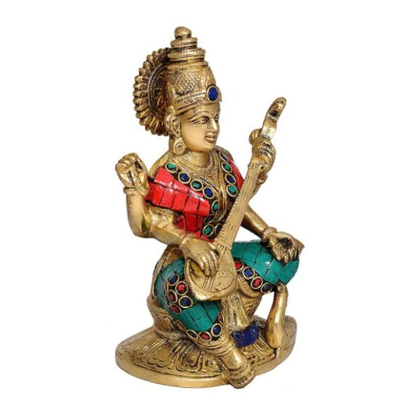 Metal Saraswati With Swan Statue, Standard, Multicolour/Devi Saraswati/Brass Devi Saraswati Sitting On Lotus Playing Veena Statue, Standard - Image 2