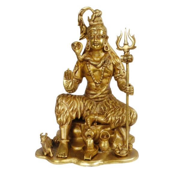 Brass Shiva Murti Sitting on Tiger Wearing Rudraksha Mala with Trishul and Damru Statue for House Warming Mandir Mahashivaratri Gift Gold Color Height 18 Inch Weight 16.5 KG