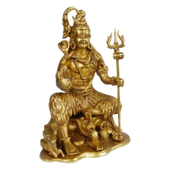 Brass Shiva Murti Sitting on Tiger Wearing Rudraksha Mala with Trishul and Damru Statue for House Warming Mandir Mahashivaratri Gift Gold Color Height 18 Inch Weight 16.5 KG - Image 2
