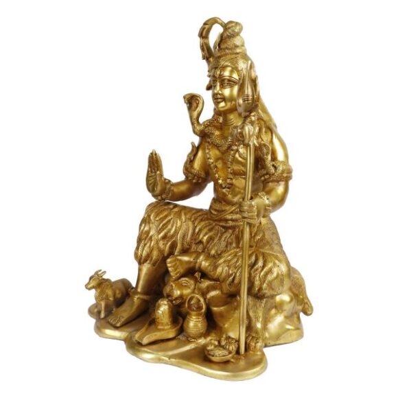 Brass Shiva Murti Sitting on Tiger Wearing Rudraksha Mala with Trishul and Damru Statue for House Warming Mandir Mahashivaratri Gift Gold Color Height 18 Inch Weight 16.5 KG - Image 3