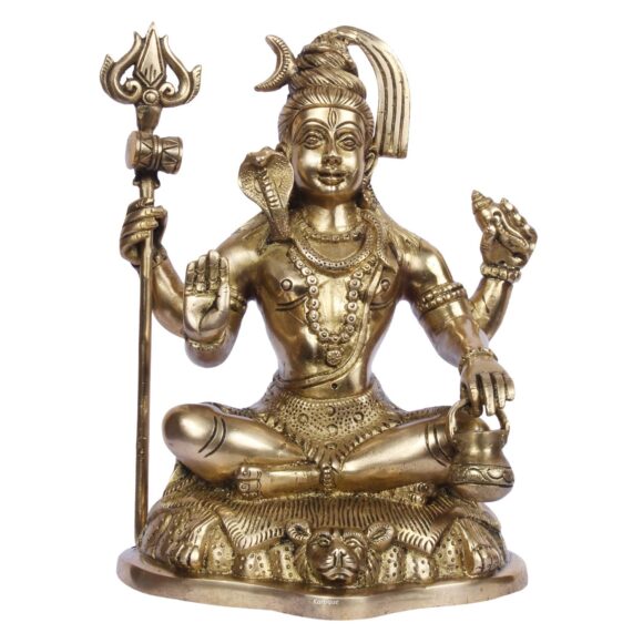 Brass Lord Shiva Idol Wearing Rudraksha Mala in Sitting Tiger with Trishul and Damru Shiv Murti Statue Ma Ganga from Jata House Mandir Warming Mahashivaratri Gift Gold Color 10 Inch