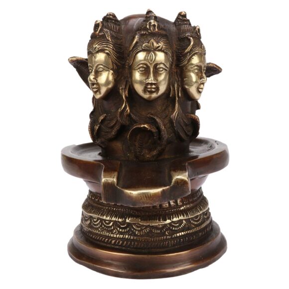 Large Brass Shiva Shivling Statue Three Face Shiv Lingam Idol Home Decor Pooja Items with Bholenath Nag Devta Gift Puja 6.5 Inches Gold