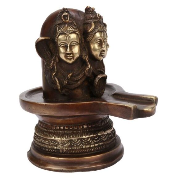 Large Brass Shiva Shivling Statue Three Face Shiv Lingam Idol Home Decor Pooja Items with Bholenath Nag Devta Gift Puja 6.5 Inches Gold - Image 2
