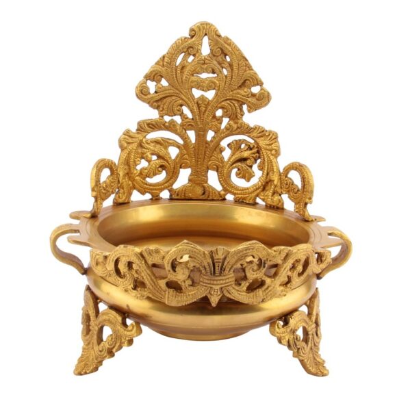 Brass Large Traditional Flower Petals Urli Vessel with Stand - Image 3