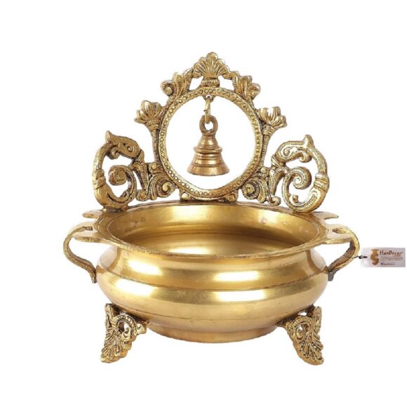 Ethnic Carved 7 Inches Brass Decor Urli Bowl with Bell (Golden)