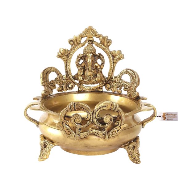 Brass Ethnic Carved Ganesha Design 7 Inches Brass Decor Urli Decor Bowl (Golden) Visit the Two Moustaches Store