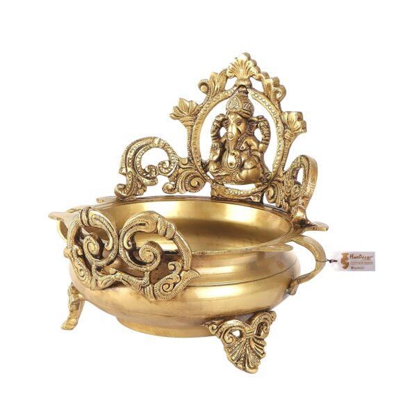 Brass Ethnic Carved Ganesha Design 7 Inches Brass Decor Urli Decor Bowl (Golden) Visit the Two Moustaches Store - Image 2