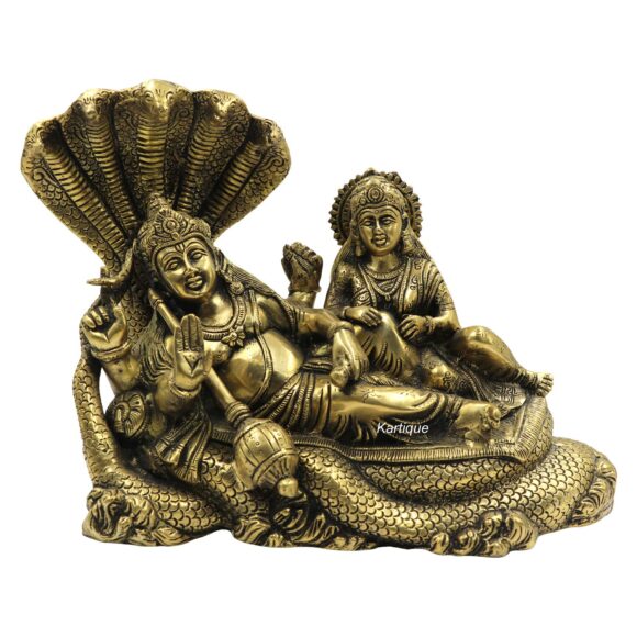 Brass Metals Astadhatu Idol Murti Vishnu with Lakshmi Resting Upon Shesha Naag Laxmi Narayan Statue on Sheshnag Gold Color for Home Mandir Pooja Heavy Size 7.5 KG