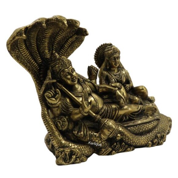 Brass Metals Astadhatu Idol Murti Vishnu with Lakshmi Resting Upon Shesha Naag Laxmi Narayan Statue on Sheshnag Gold Color for Home Mandir Pooja Heavy Size 7.5 KG - Image 2
